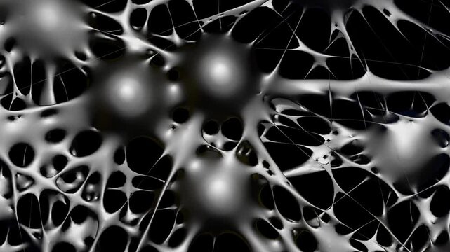 Looping animation. Plexus. An abstract three-dimensional network dynamically transforms, mimicking complex connections of neurons or data nodes. The weaves flow smoothly, vibrate and break, creating t