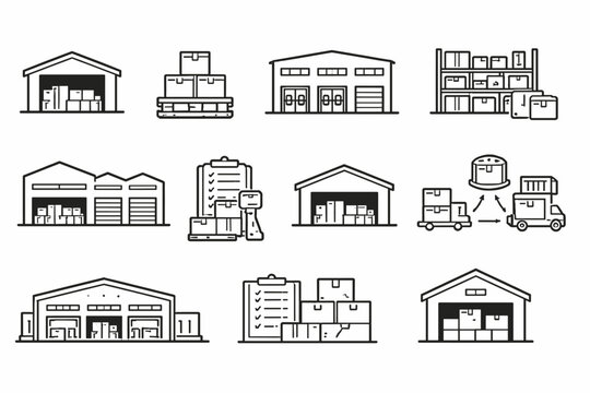 Collection of warehouse and logistics icons representing storage, delivery, and inventory management