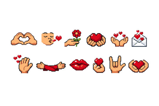 Pixel art collection of romantic and expressive icons with hearts and hands
