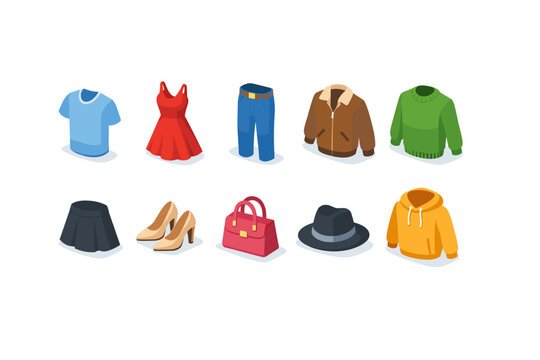 Collection of diverse fashion items and accessories displayed in isometric view
