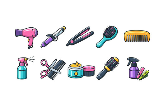 Collection of colorful cartoon hair styling tools and accessories for beauty salons