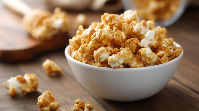 Caramel popcorn in bowl on wooden table, sweet snack concept, movie night food photography for advertising, branding, packaging design and digital marketing visuals