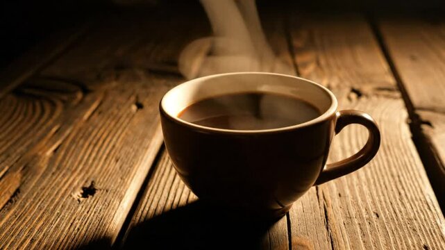 Steaming cup of coffee on a rustic wooden table with a moody dark ambiance, perfect morning vibes.
