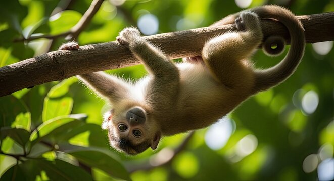 Cute baby monkey hanging upside down from a tree branch in a lush tropical forest