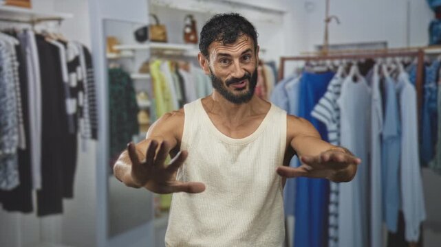 Man with beard wearing a cream tank holds palms forward in a stop gesture amid clothing racks and hanging shirts in a store; concern.