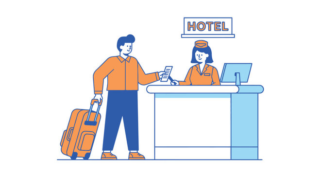 Man checking in at hotel reception with suitcase and flight ticket