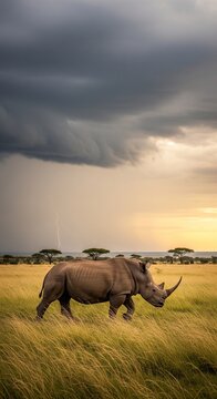 A rhino roaming the savannah during a golden hour sunset with soft clouds and distant acacia trees