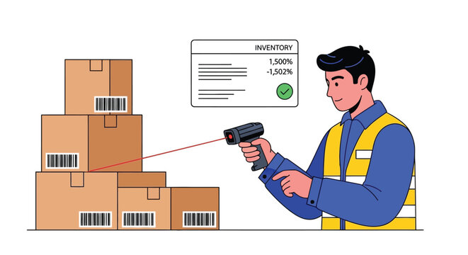 Warehouse worker scanning boxes with a barcode scanner and inventory report on screen