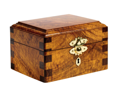 Isolated exquisite handcrafted wooden jewelry box featuring rich burl wood and polished brass lock