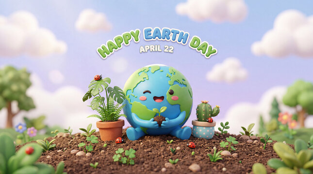 cute earth day character illustration, happy planet earth mascot with plants, eco friendly earth day poster design