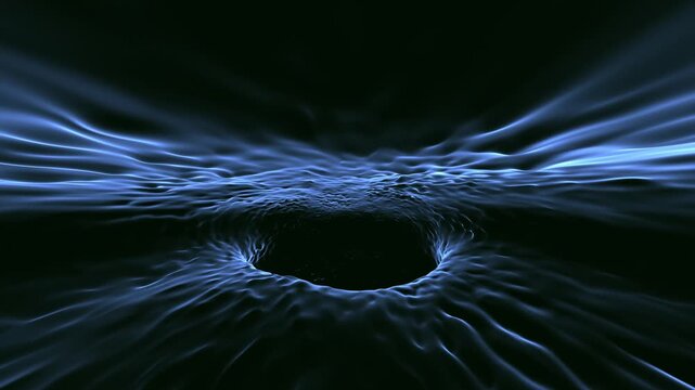 Abstract deep cave tunnel with glowing blue energy lines. Flying through dark abyss creates sense of motion, depth and mysterious underground journey. Seamless looping animation.