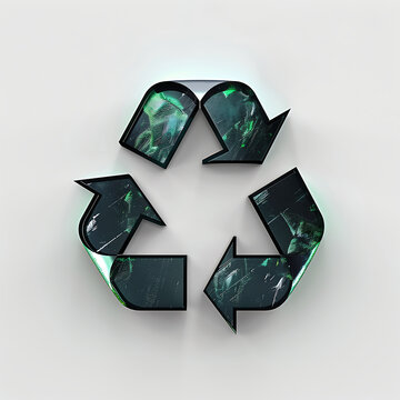 Photorealistic recycling symbol (Mobius loop) isolated on pure white background, three arrows arranged in a triangle, clean sharp edges.