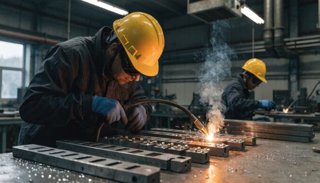 Medium perspective of multimaterial cutting blade production focusing on the careful brazing of carbide tips to steel bodies for versatile industrial applications.