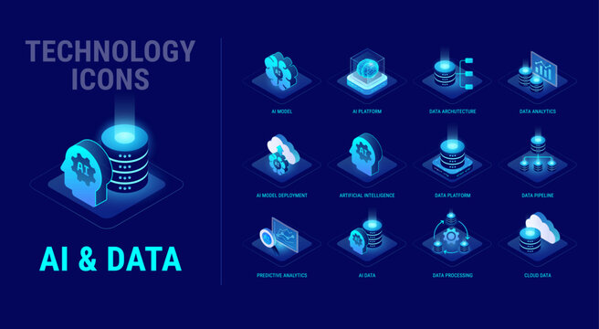 Technology icons set for AI and Data workflow diagram - AI platform, artificial intelligence, predictive data analytics, AI model, data pipeline, architecture, cloud - high quality isometric vector