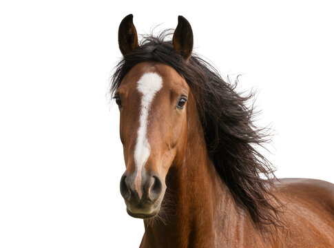 Isolated majestic brown horse with flowing dark mane and white blaze on face looking at camera