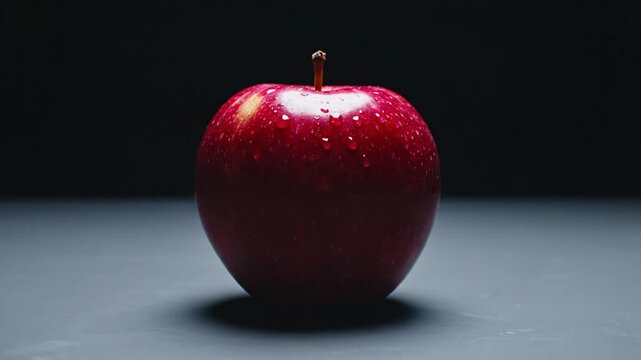 Red apple with water droplets and stem against a dark background, minimal lighting in a studio