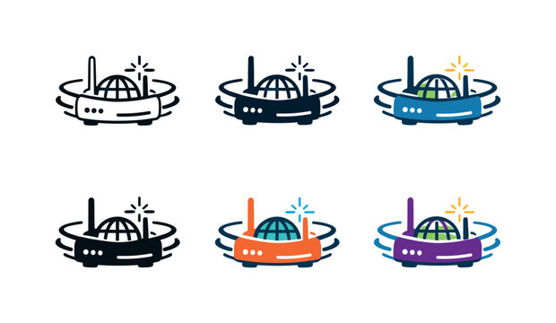 Global network router icons with antennas and radiating signal waves