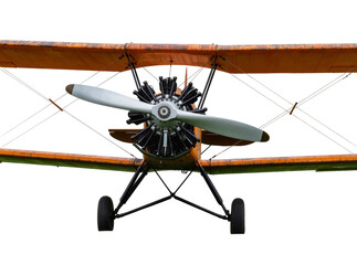 Isolated vintage orange biplane with radial engine and propeller, classic old aircraft front view © Oisin