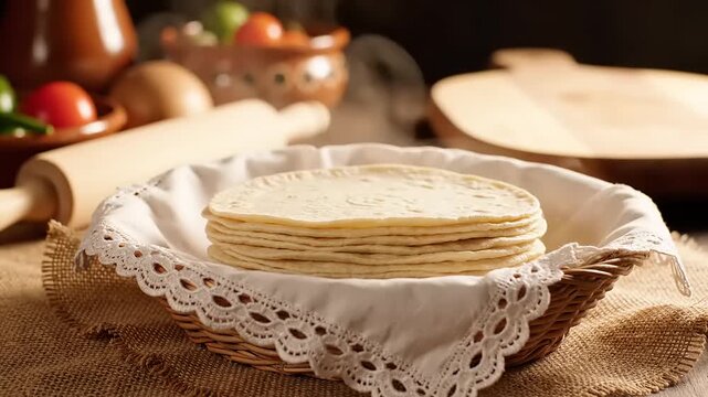 Stack of flatbreads resting in woven basket with baking ingredients blurred background