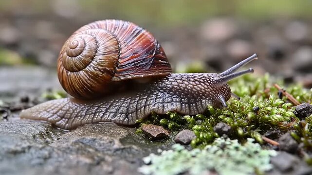 Terrestrial gastropod mollusk with coiled shell crawling over damp ground and moss