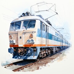 Obraz premium Detailed Watercolor Illustration of a Modern Electric Locomotive Passenger Train Speeding on Tracks, Vibrant Artistic Railway Sketch with Blue and Orange Stripes on a Clean Minimalist White Background