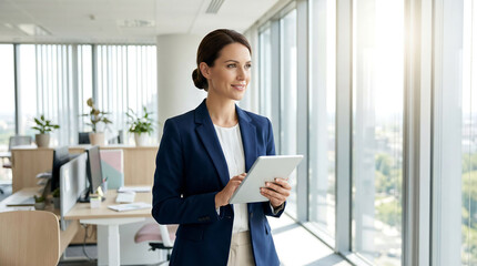Fototapeta premium A confident businesswoman stands in a modern office with a tablet in her hand looking out the window
