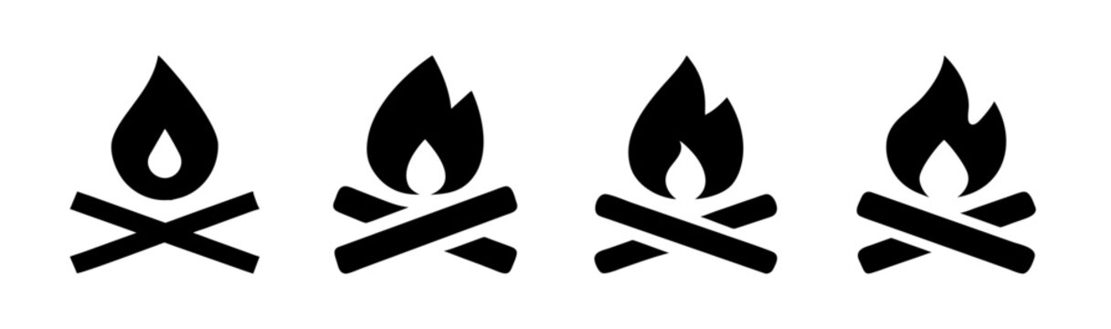 Four simple campfire icons with logs and flames, representing warmth and outdoor activity.