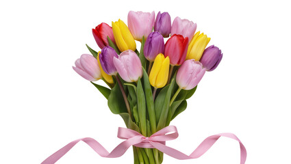 Colorful bouquet of tulips tied with pink ribbon, isolated on transparent background