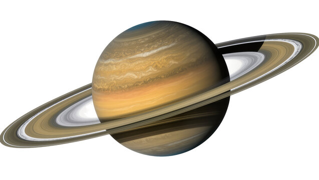 Gas giant planet Saturn with prominent rings, isolated on transparent background