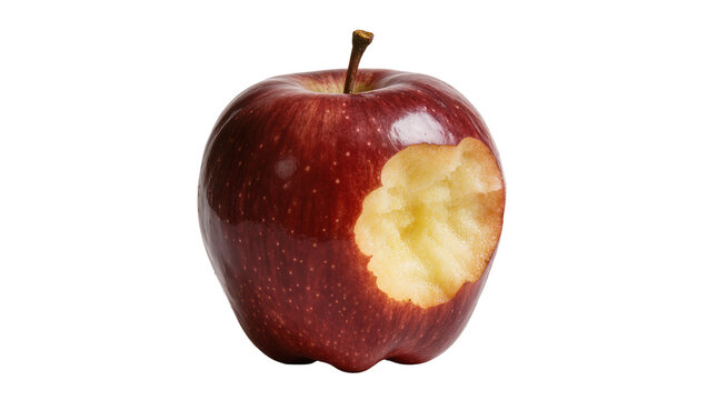 Bitten red apple with visible yellow flesh, isolated on transparent background