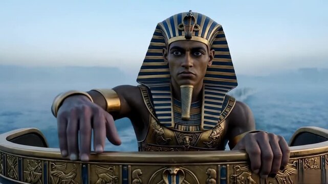 Ancient Egyptian pharaoh in ornate golden vessel against misty horizon with glowing eyes for divine power concept and mystical empire