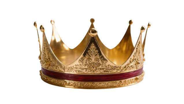 Ornate golden crown with red band, isolated on transparent background