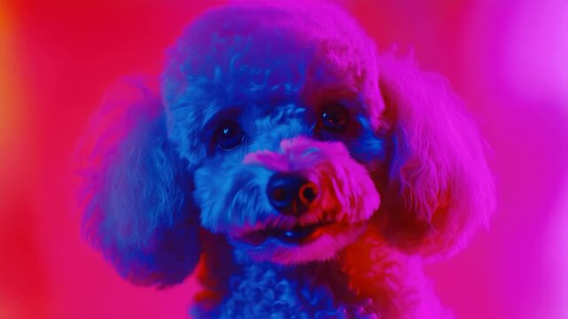 A digitally altered video of a small poodle with an enhanced vibrant purple hue.