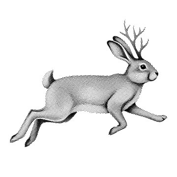 Running Rabbit with Antlers in Retro Stippling Style, Jackalope Illustration