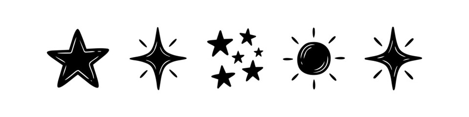 Obraz premium Set of hand-drawn celestial icons including stars, sun, and sparkles. Minimalist black doodle graphics for night sky, magic, and cosmic designs on a white background.