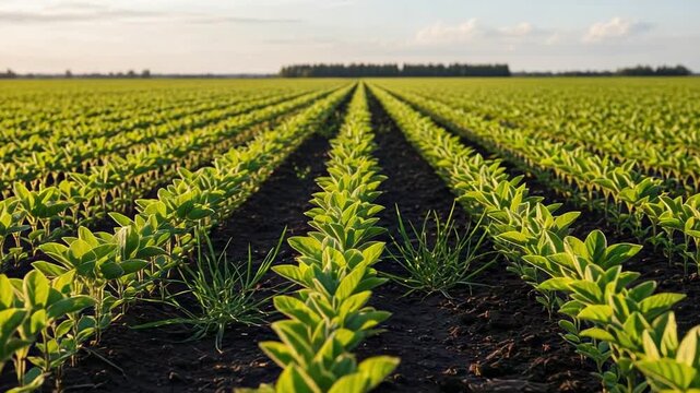 Green soybean field with rows of crops under a blue sky  