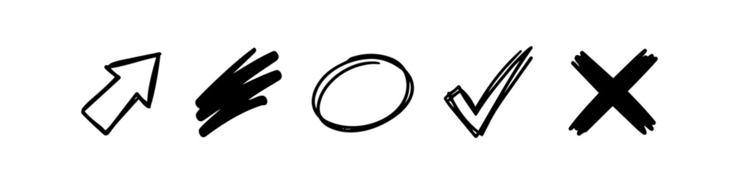 Hand-drawn black marker elements set including an arrow, scribble, circle, checkmark, and cross. Minimalist doodle icons for highlighting and correction on a white background.