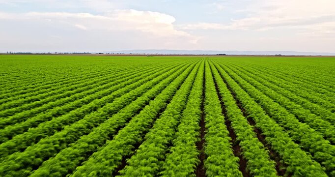 Low aerial view flying over green carrot field rows