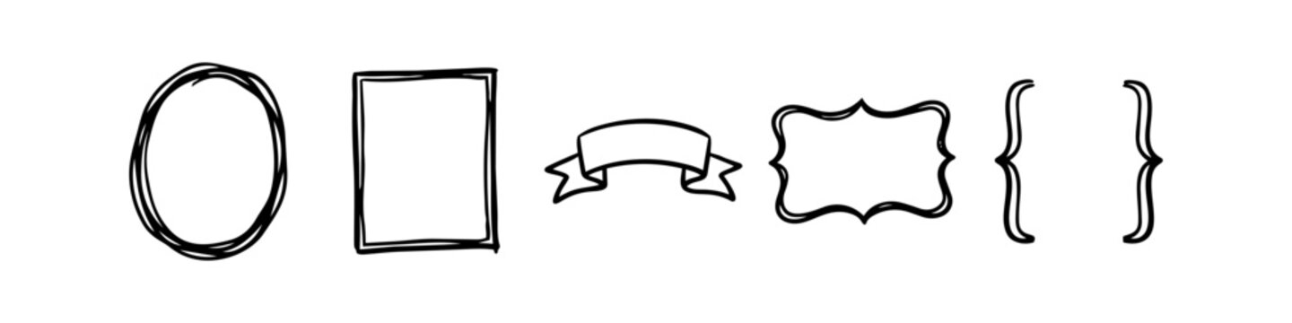 A collection of hand-drawn vector frames and decorative elements including a circle, square, banner, ornate border, and curly brackets in a minimalist black ink sketch style.