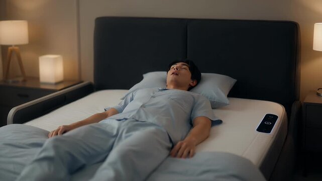 Man Sleeping Soundly, Peaceful Rest, Comfortable Bed, Nighttime Relaxation, Pajamas