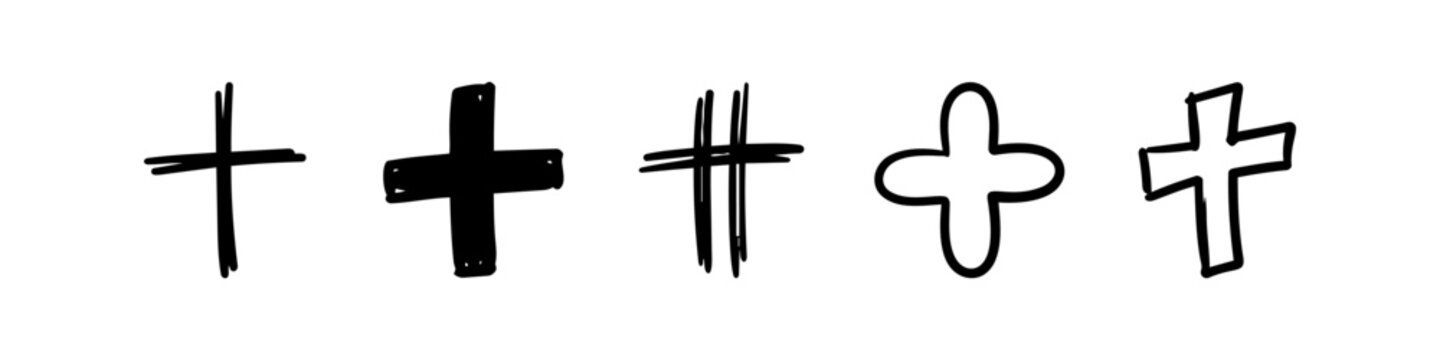 Set of five diverse hand-drawn plus signs and cross icons. Minimalist black ink doodle style illustration of addition symbols on a white background, perfect for UI design and web elements.
