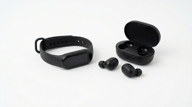 Black fitness tracker and wireless earbuds with charging case on a white background, showcasing modern personal tech accessories.