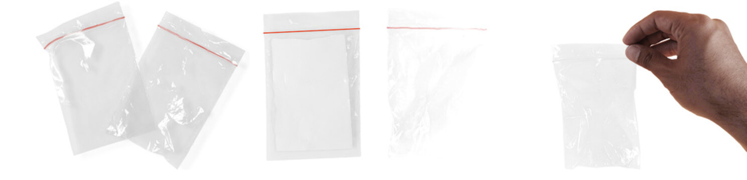 Clear resealable plastic bag with red zipper closure. par de bolsas transparentes