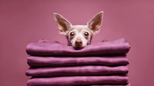 Small dog peeking over stack of purple shirts
