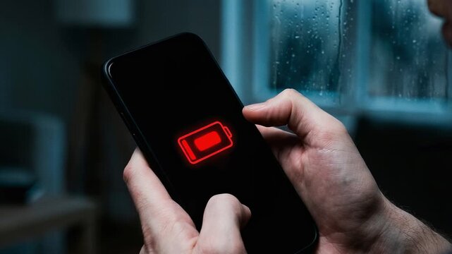 Person holding smartphone displaying low battery icon indoors  