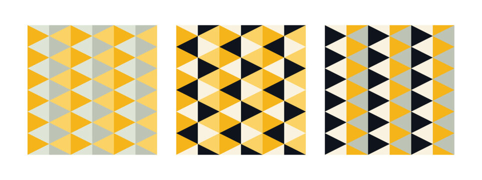 Seamless pattern set, geometric background, yellow black white colors, simple triangle pattern, vector illustration.
