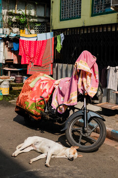 Motorcycle covered with colorful fabrics on Indian street