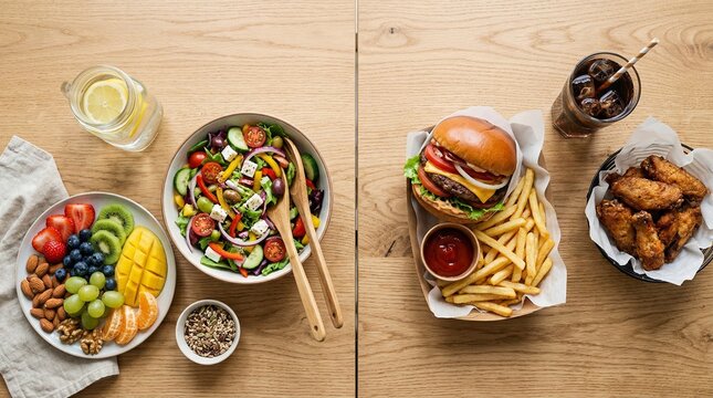 Healthy vs unhealthy lifestyle decision concept showing nutrition choices and wellness balance
