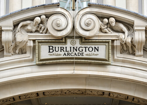 The Burlington Arcade, Piccadilly, City of Westminster, London, United Kingdom. An exclusive upmarket covered shopping arcade with stores offering luxury goods.