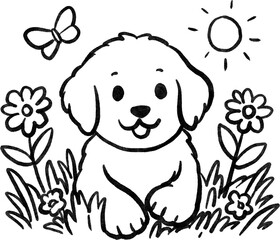 Fototapeta premium Cute dog portrait with butterfly and flowers, pet and garden concept